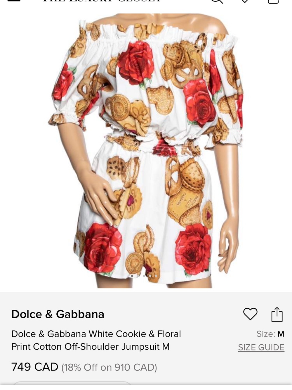 Dolce & Gabbana White Off-Shoulder Jumpsuit with Red Rose & Tan Cookie Print